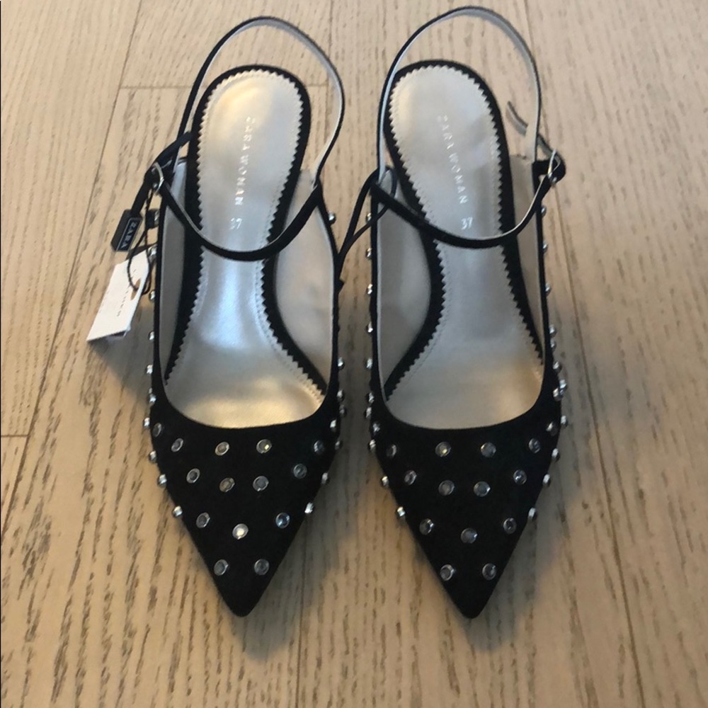 ZARA Black Genuine SUEDE pointed slingback pumps